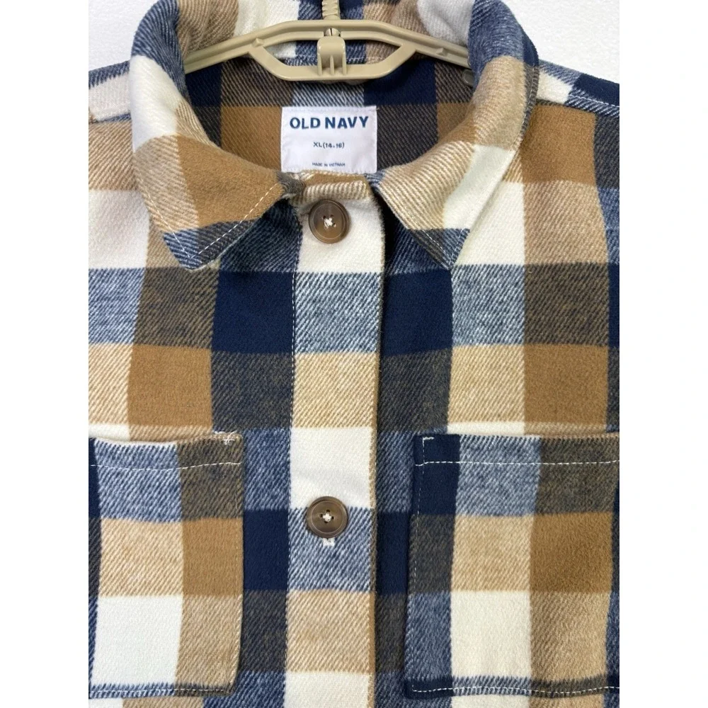 Old Navy Boys Blue Plaid Flannel Button‎ Up Shirt XL 14/16 Long Sleeve Cotton